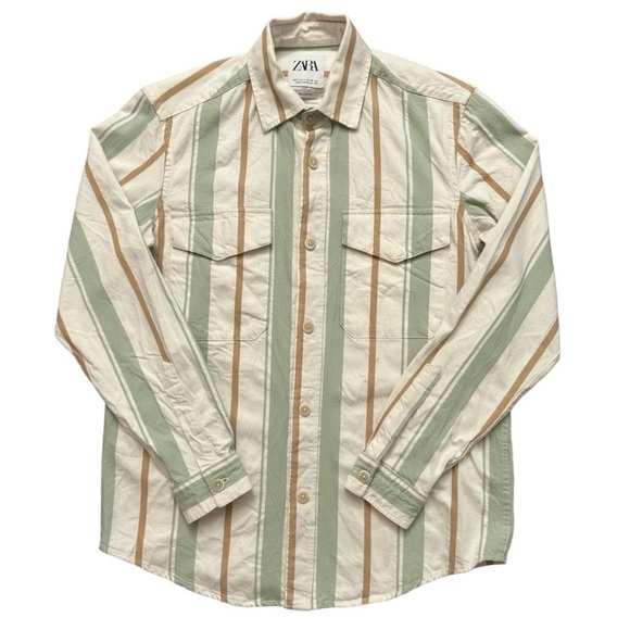 Zara Men's Casual Striped Shirt in Green and Tan - Picture 1 of 4